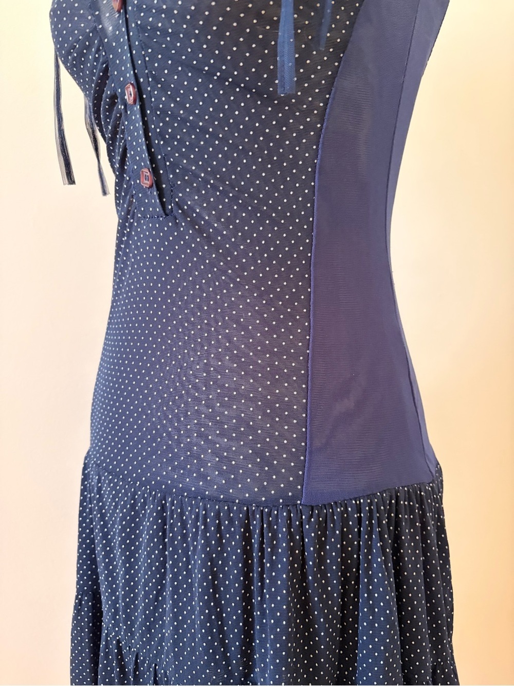 Vintage Polka Dot Chiffon Dress with Drop Waist and Button Detail - Picture 5 of 7